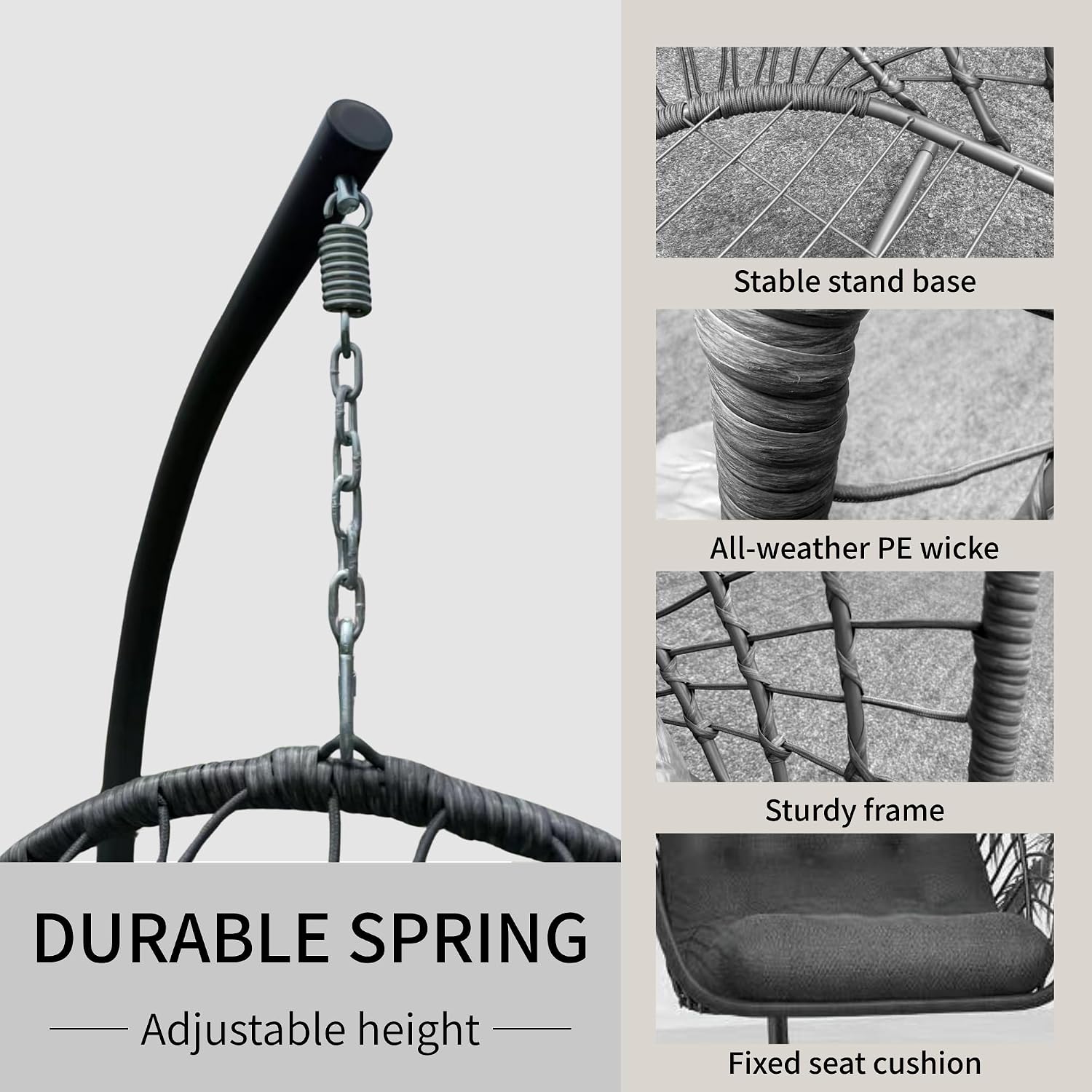 Kingdura Hanging Egg Chair with Stand Indoor Outdoor, Foldable Rattan Wicker Hammock Egg Swing Chair for Bedroom Porch Patio Garden, Thickened Cushion, 350LBS Capacity, Heavy Duty Frame