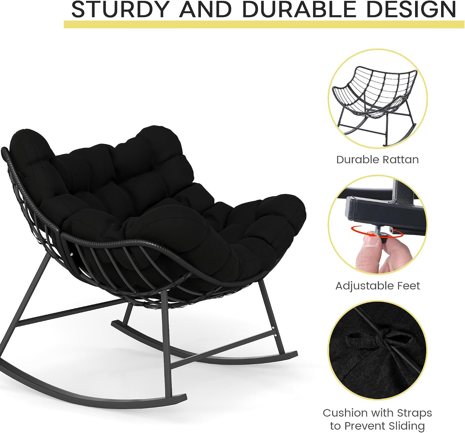 Kromax Oversized Outdoor Papasan Rocking Chair, Wicker Egg Chair Rocker for Outside, Comfy Patio Rocker, Large Indoor Rocking Recliner, Modern Egg Style, Black