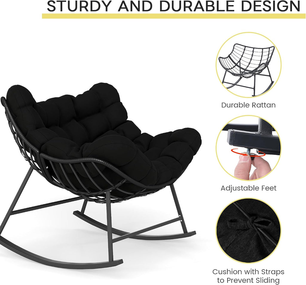 Kromax Oversized Outdoor Papasan Rocking Chair Set of 2, Wicker Egg Chair Rocker for Outside, Comfy Patio Rocker, Large Indoor Rocking Recliner, Modern Egg Style, Black