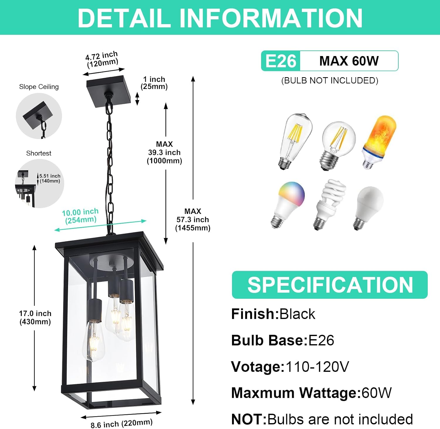 Yaohong 17'' Large Outdoor Pendant Light, 3-Lights Matte Black Exterior Hanging Lantern with Clear Glass, Outdoor Chandelier Ceiling Light Fixture for Porch, Patio, Gazebo, Entryway