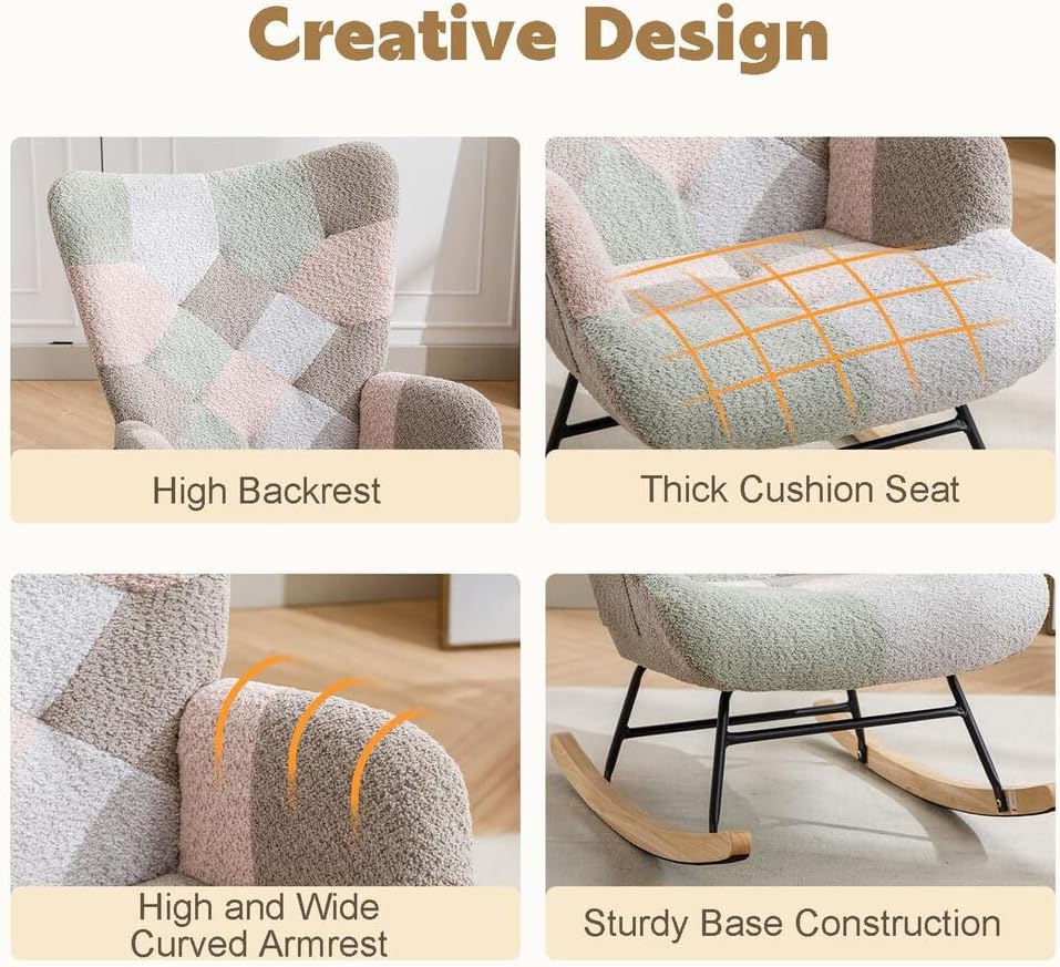 Nursery Rocking Chair Teddy Upholstered Glider Rocker Rocking Accent Chair with High Backrest Armchair Comfy Side Chair for Living Room, Bedroom, Offices (Brouce)