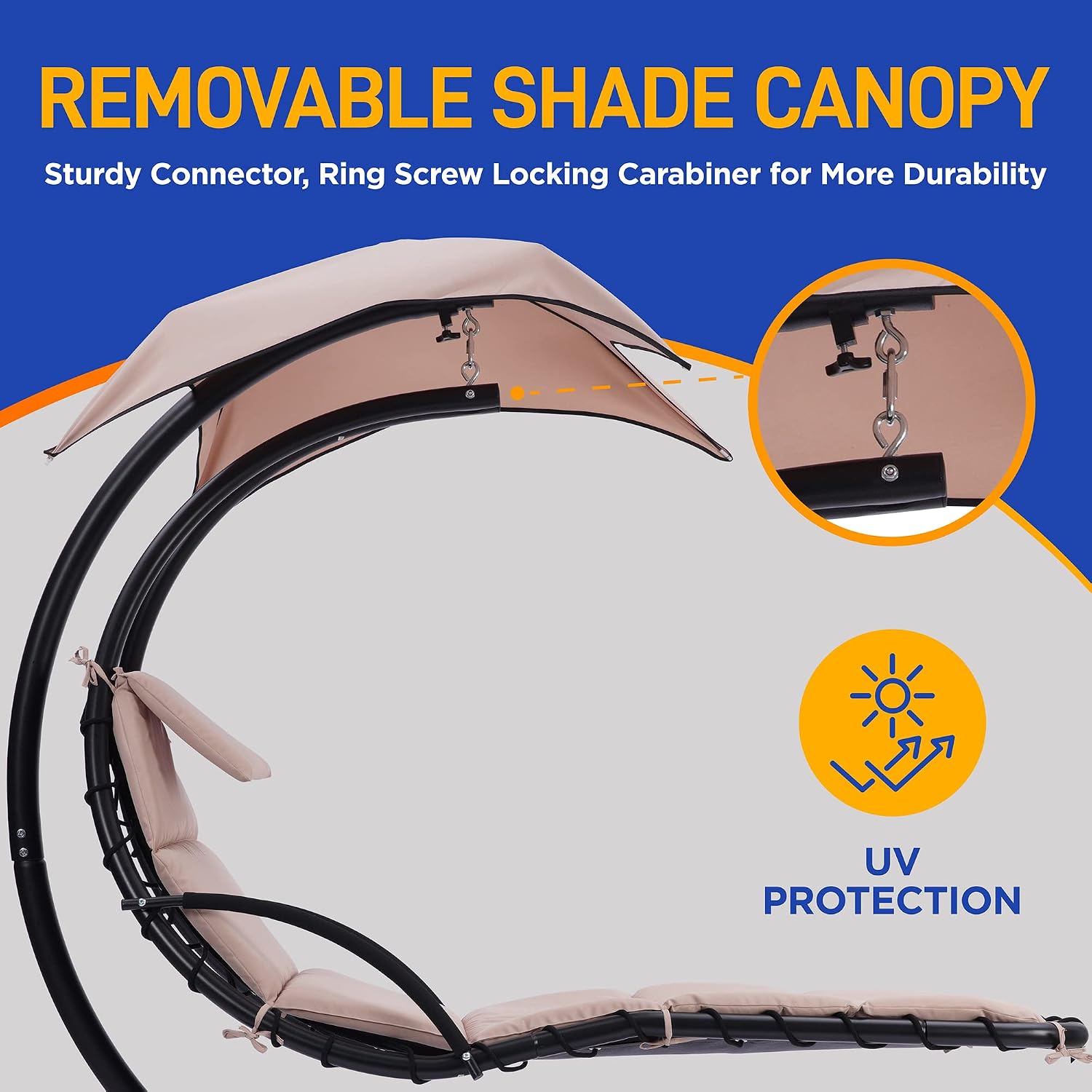 SereneLife Outdoor Hanging Curved Steel Chaise Lounge Swing Chair w/a Built-in Pillow and Removable Canopy UV Protection and Foam Covered Armrest
