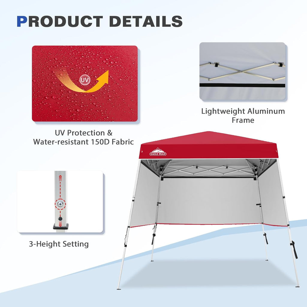 EAGLE PEAK Day Tripper 8x8 Aluminum Super-Lightweight Slant Leg Pop Up Canopy with 3 Removable Walls, Instant Outdoor Backpack Canopy Tent, Outside Beach Folding Sun Shelter, 8x8 Base 6x6 Top, Red
