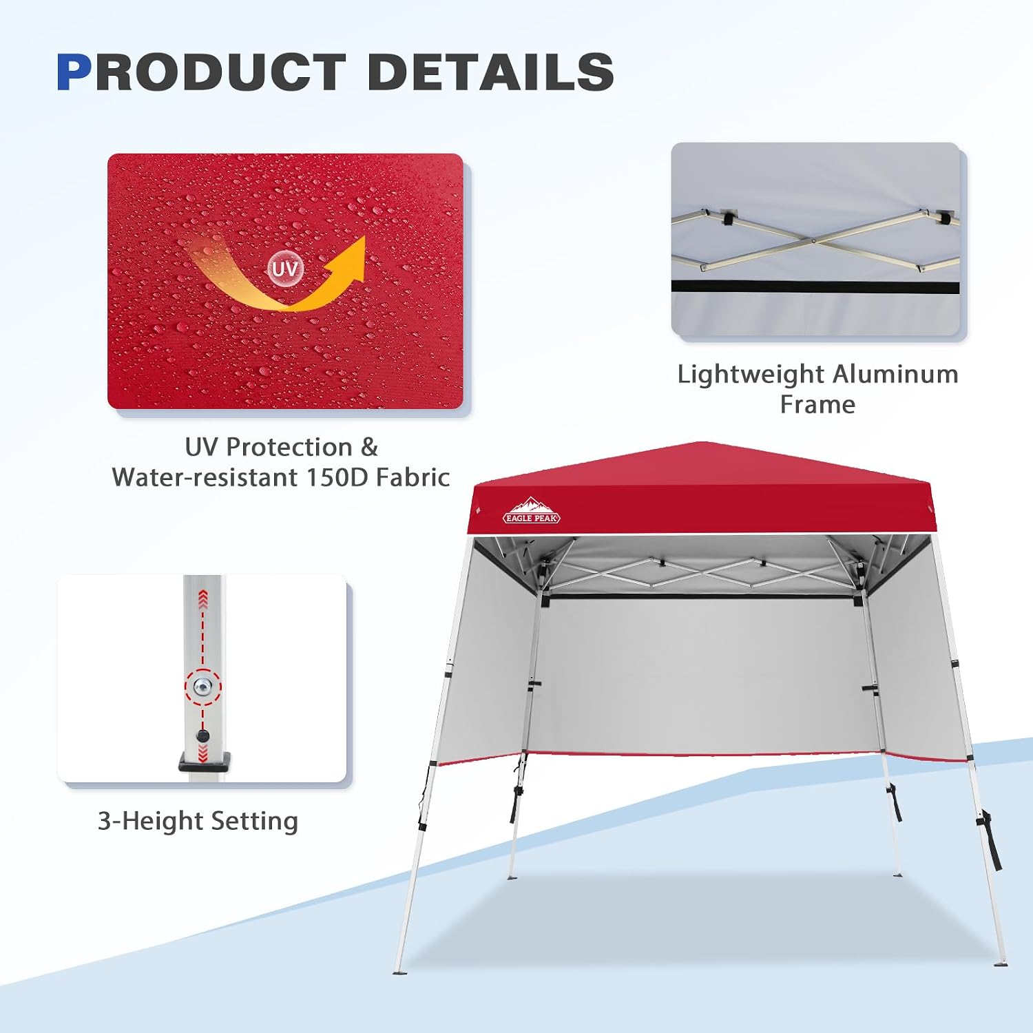EAGLE PEAK Day Tripper 8x8 Aluminum Super-Lightweight Slant Leg Pop Up Canopy with 3 Removable Walls, Instant Outdoor Backpack Canopy Tent, Outside Beach Folding Sun Shelter, 8x8 Base 6x6 Top, Red