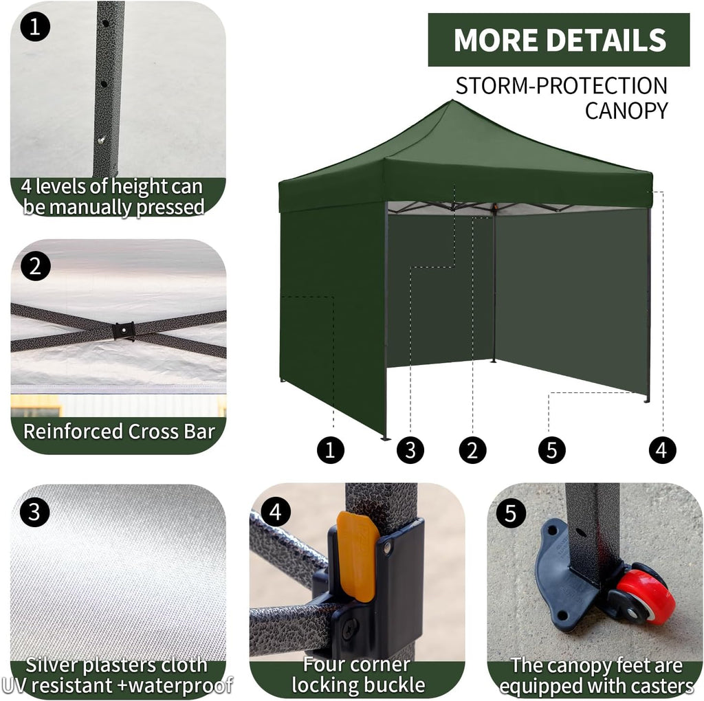 10x10 Pop up Canopy Tent with Sidewalls,Heavy Duty Waterproof Sun Shade Canopy Easy up Canopy with Wheel Bag Commercial Gazebo Tent for Outdoors Parties Vendors Camping Beach(Dark Green)