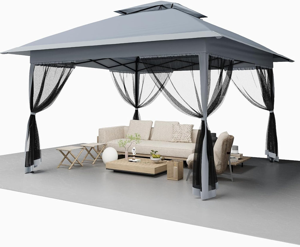 Pop-Up Gazebo, 13 x 13 ft Canopy Tent, Patio Canopy Shelter, Instant Easy Set Up, Waterproof and UV-Resistant Proof, 4 Mosquito Mesh Nettings, Adjustable Height, Wheeled Carring Bag, Backyard Gazebos