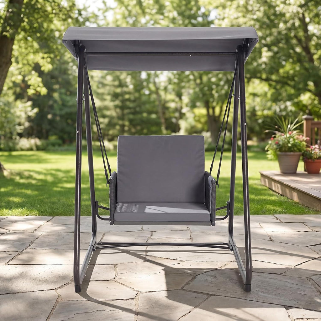 Porch Swing with Stand, Outdoor Swing with Canopy, All Weather Outdoor Swings for Adults, 400lbs Heavy Duty Porch Swings with Removable Cushions, Single Hanging Chair for Small Space, Grey
