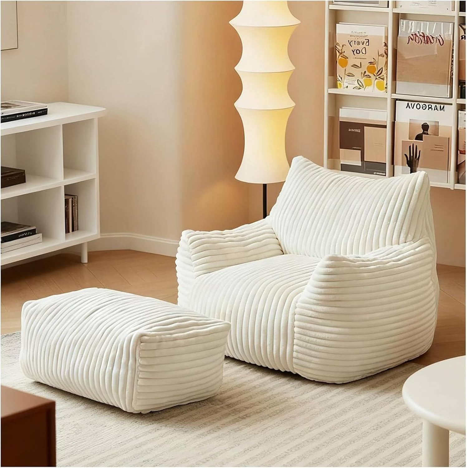 LKD Oversized Bean Bag Chairs for Adults,Bean Bag Chair with arms,Plush Bean Bag,Modern Living Room Decorative Chair,Corner Chair Bedroom,Reading Sofa, Dormitory Lounge Chairs (White, with Ottoman)