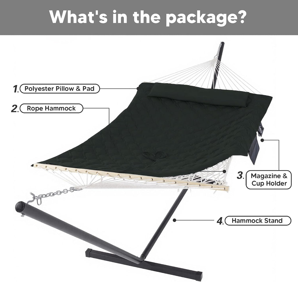 SUNCREAT Patio Portable Hammock with Stand, Carrying Bag, Outdoor Double Hammock with Stand Included, Gray Green Drops