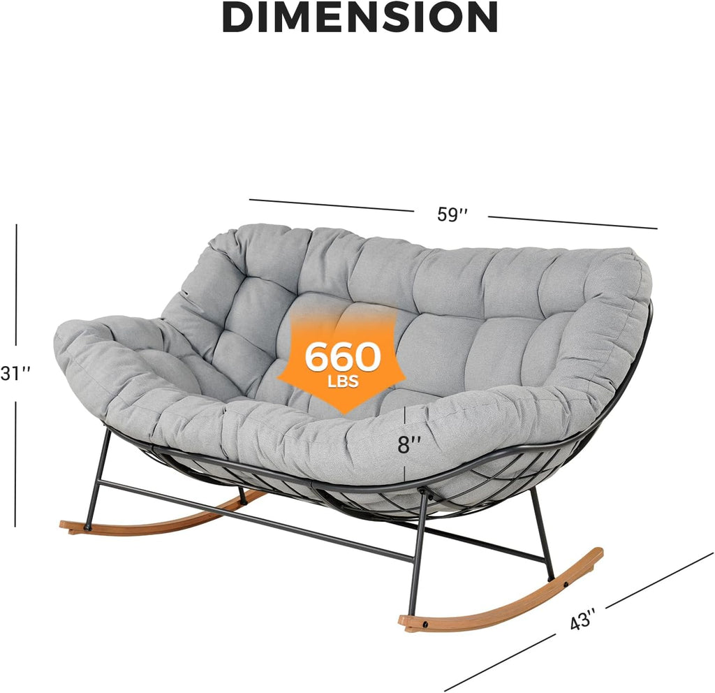 Grand patio Rocking Chair Outdoor, Oversized Papasan Rocking Chair for 2 with E-Coated Steel Frame and Thick Cushion, Comfy Loveseat Rocker for Patio Porch Deck, Grey