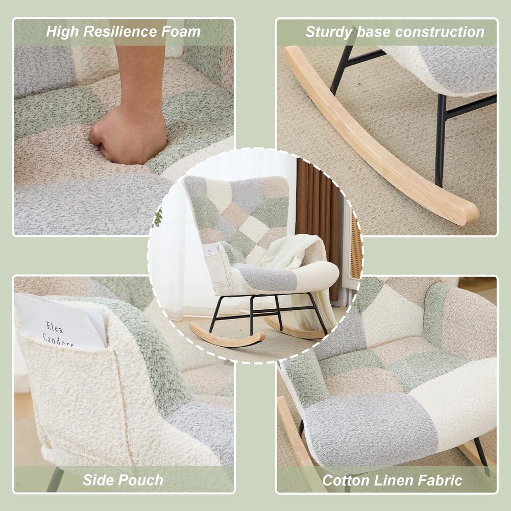 Nursery Rocking Chair Teddy Upholstered Glider Rocker Rocking Accent Chair with High Backrest Armchair Comfy Side Chair for Living Room, Bedroom, Offices (Spliced Green)