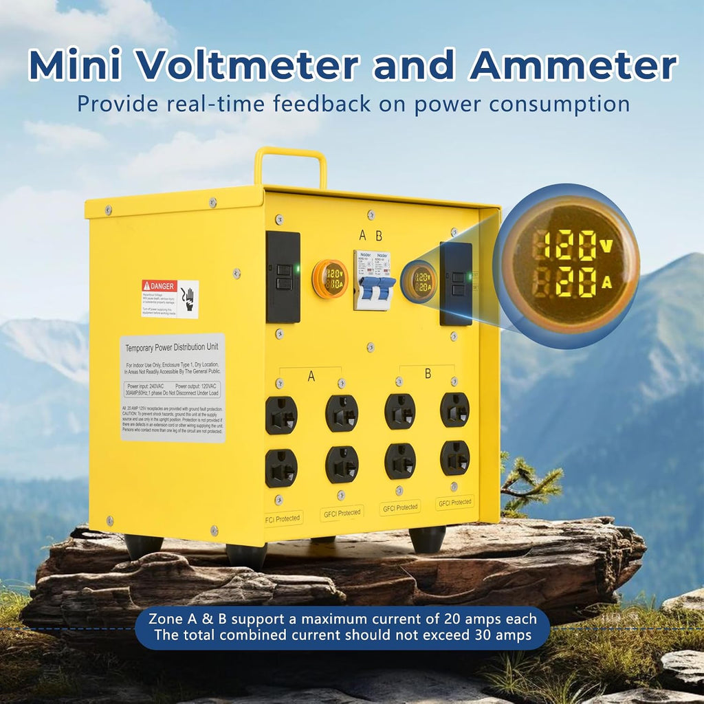 30-Amp Portable Power Center, Split 240VAC Input into 2 Separate 120VAC Output, A&B Zone Independent Control with 2 Mini Voltmeter and Ammeter