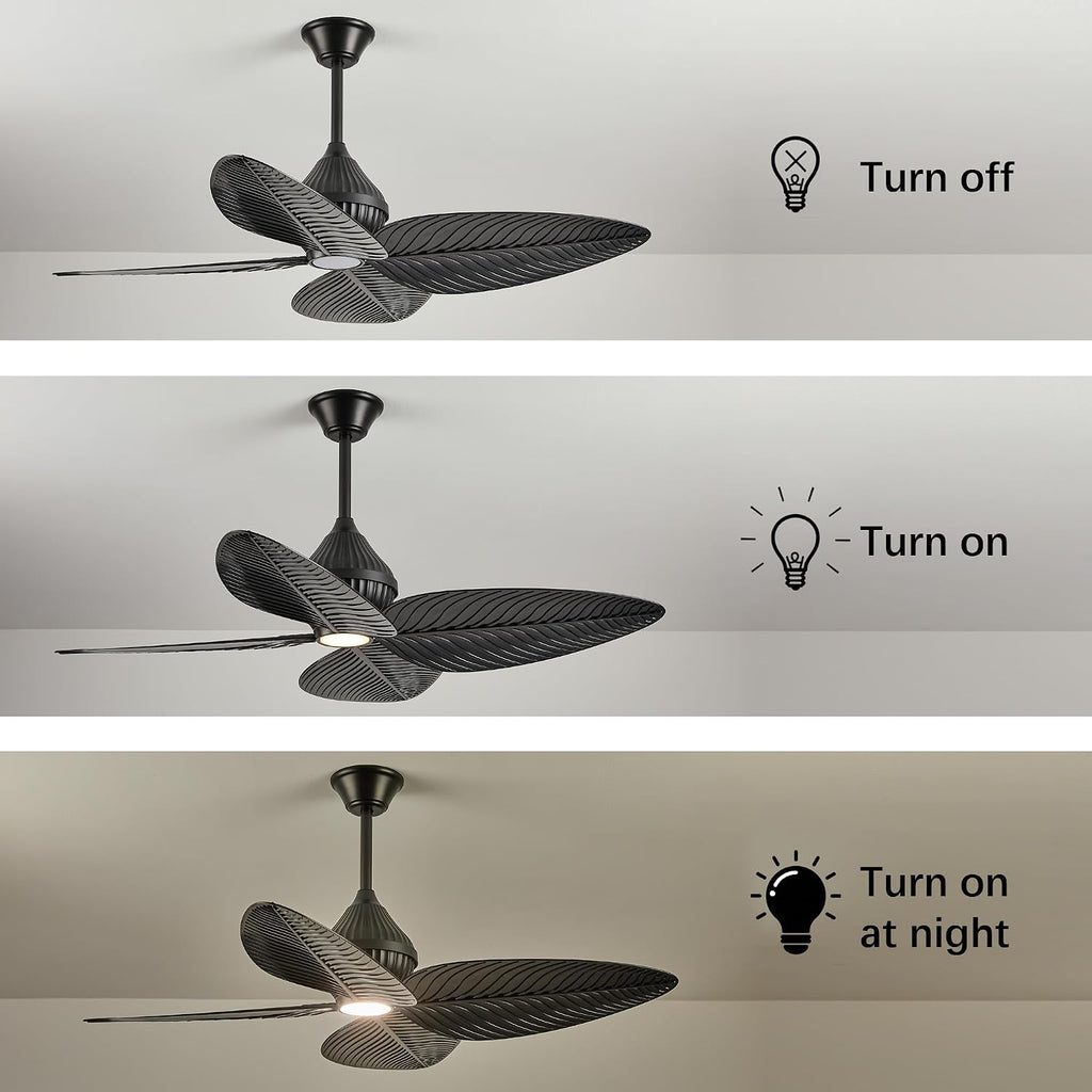 52' Tropical Ceiling Fans with Lights, Indoor Palm Leaf Ceiling Fan with Light and Remote for Living Room Bedroom, ABS Blades, Dimmable LED Lights, 6 Speeds, Adjustable Height-Black