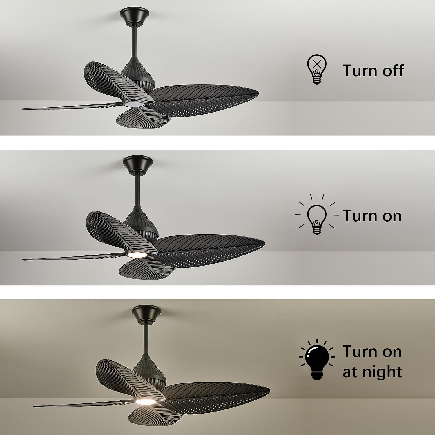 52' Tropical Ceiling Fans with Lights, Indoor Palm Leaf Ceiling Fan with Light and Remote for Living Room Bedroom, ABS Blades, Dimmable LED Lights, 6 Speeds, Adjustable Height-Black