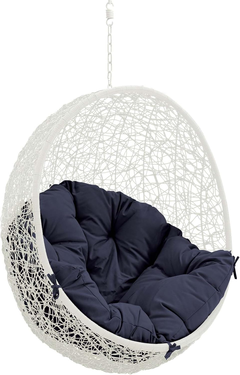 Modway Hide Wicker Rattan Outdoor Patio Swing Chair with Hanging Steel Chain in White Navy