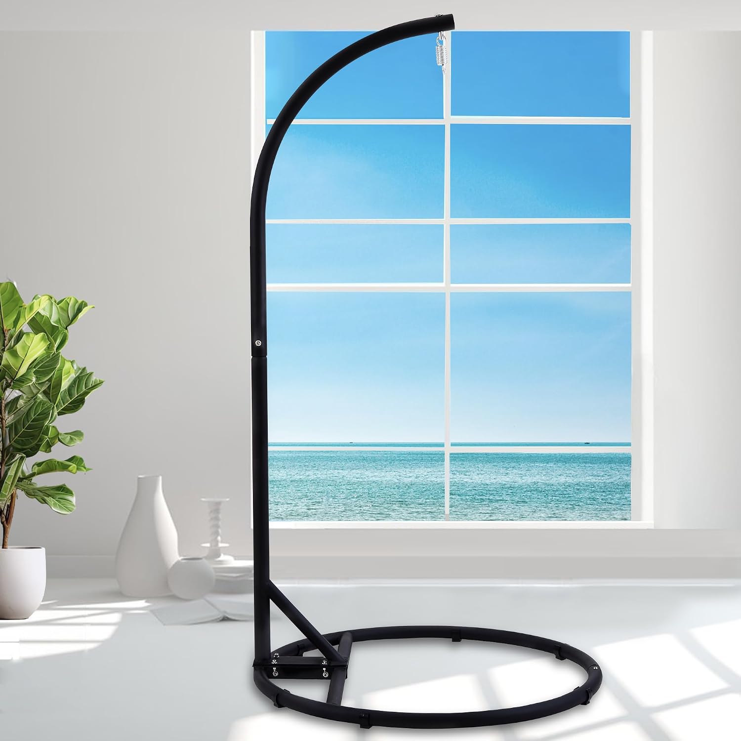 Solid O-Type Swing Hanging Stand, Hammock Chair Stand, Stand 360 Degree Rotation Porch Swing Frame with Carabiner(Only Frame)(Black)
