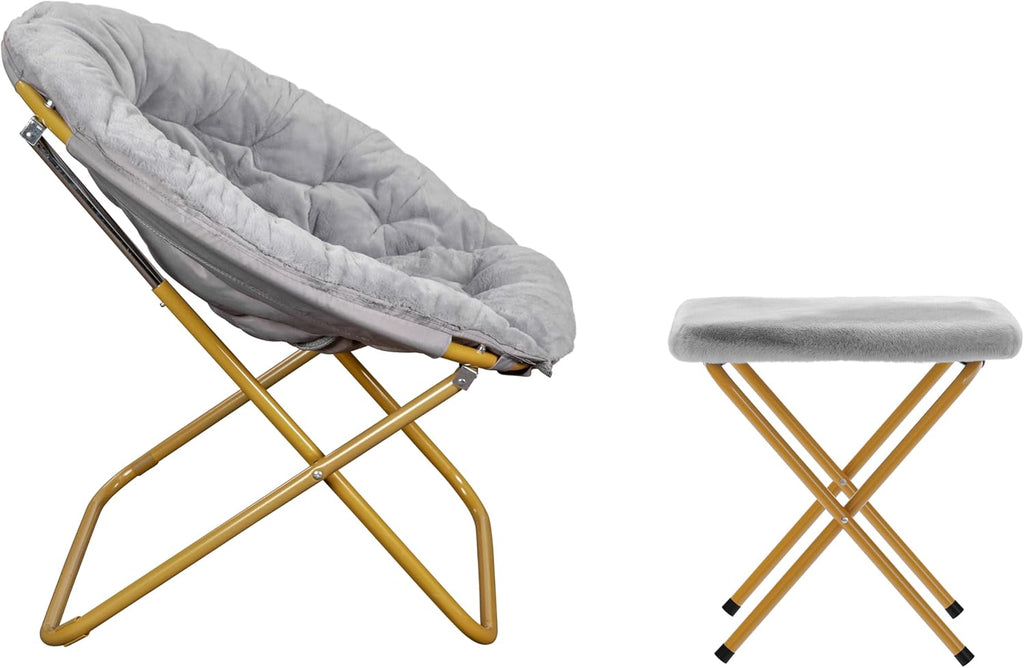 Flash Furniture Gwen Oversize Folding Saucer Chair with Ottoman, Faux Fur Moon Chair, Durable Steel Frame, for Dorm and Bedroom, 38', Gray/Soft Gold
