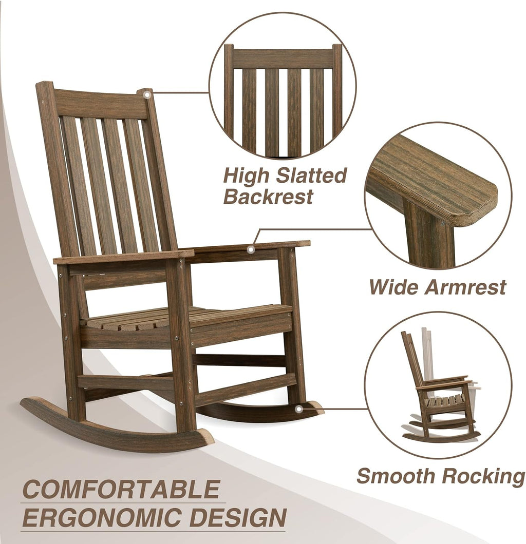 Rocking Chair Outdoor, HDPE Oversized Patio Rocking Chairs, Weather Resistant, 350lbs Heavy Duty Porch Rocker with High Back for Backyard, Fire Pit, Garden and Indoor (Brown)