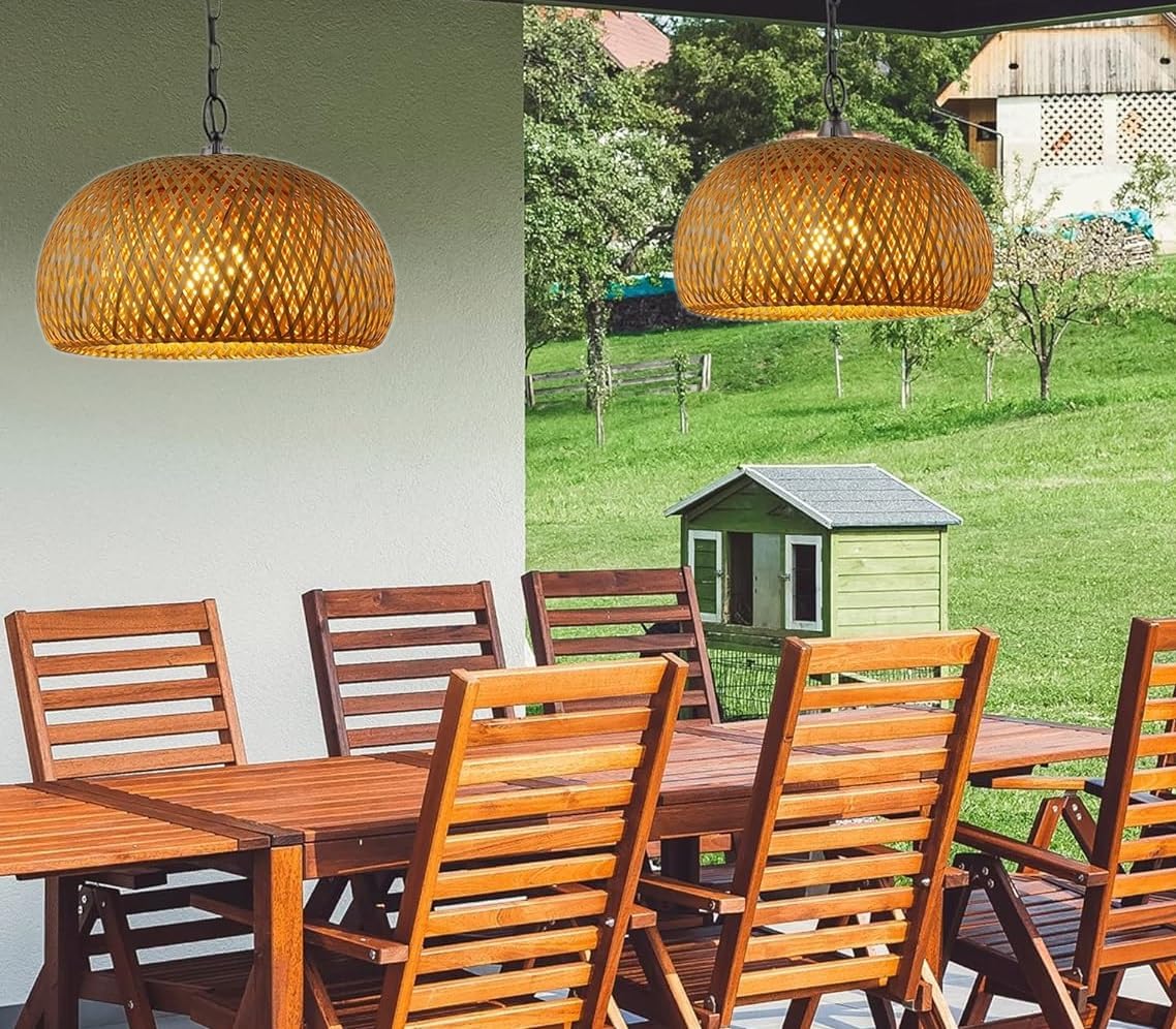 15'' Battery Operated Hanging Outdoor Chandelier with Remote,RGB Color Rechargeable Pendant Light with Hook,Large Rattan Bamboo No Wiring Hanging lamp Lantern for Porch Patio Gazebo Garden Yard