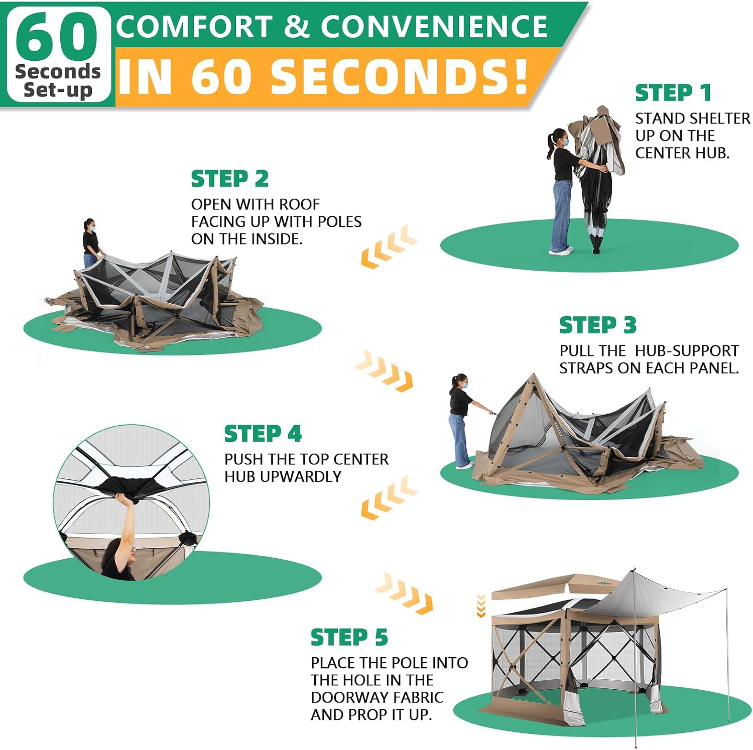 COBIZI Pop Up Gazebo Screen Tent Screen House for Camping, 12x12 Screen Room with Mosquito Netting, Hub Tent Instant Screened Canopy with Carrying Bag and Ground Stakes, Khaki