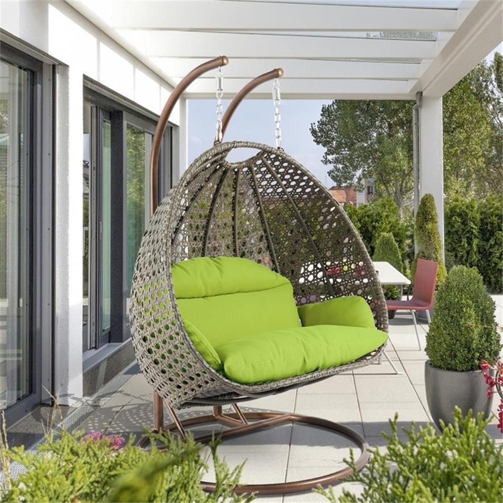 LeisureMod 2 Person Wicker Egg Chair Outdoor Indoor Bedroom Patio Hanging Lounge Swing Hammock Chairs with Beige Stand and UV Resistant Cushions (Light Green)