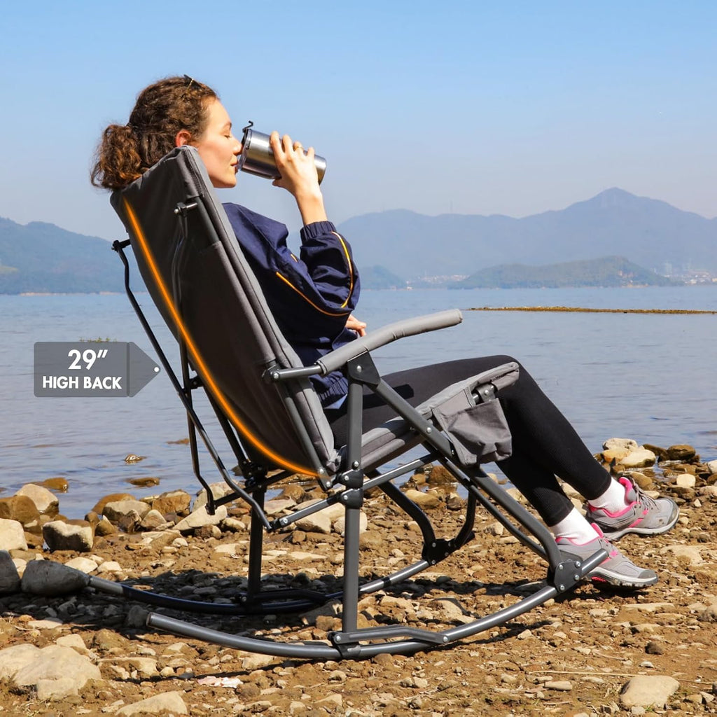 Portal Folding Rocking Camping Chair Outdoor - Thick Padded Rocking Recliner Chair Portable Camping Rocker for Patio Front Porch Backyard Lawn Living Room, Supports 400 LBS