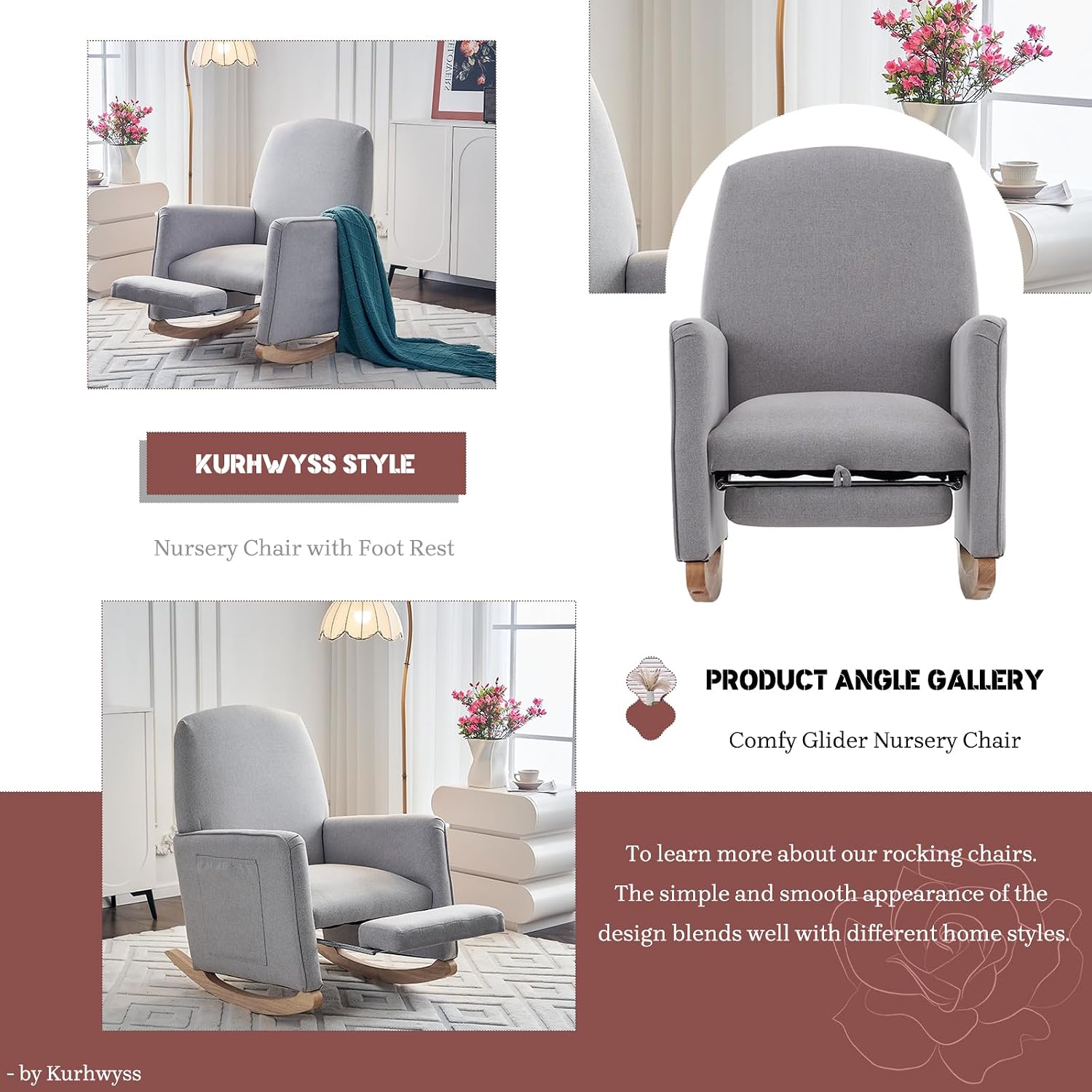 Modern Rocking Chair Nursery, Comfy Glider Nursery Chair with Foot Rest, Upholstered Rocker with Pocket, Accent Reading Armchair with Solid Wood Base for Living Room, Bedroom, Lounge Room (Light Gray)
