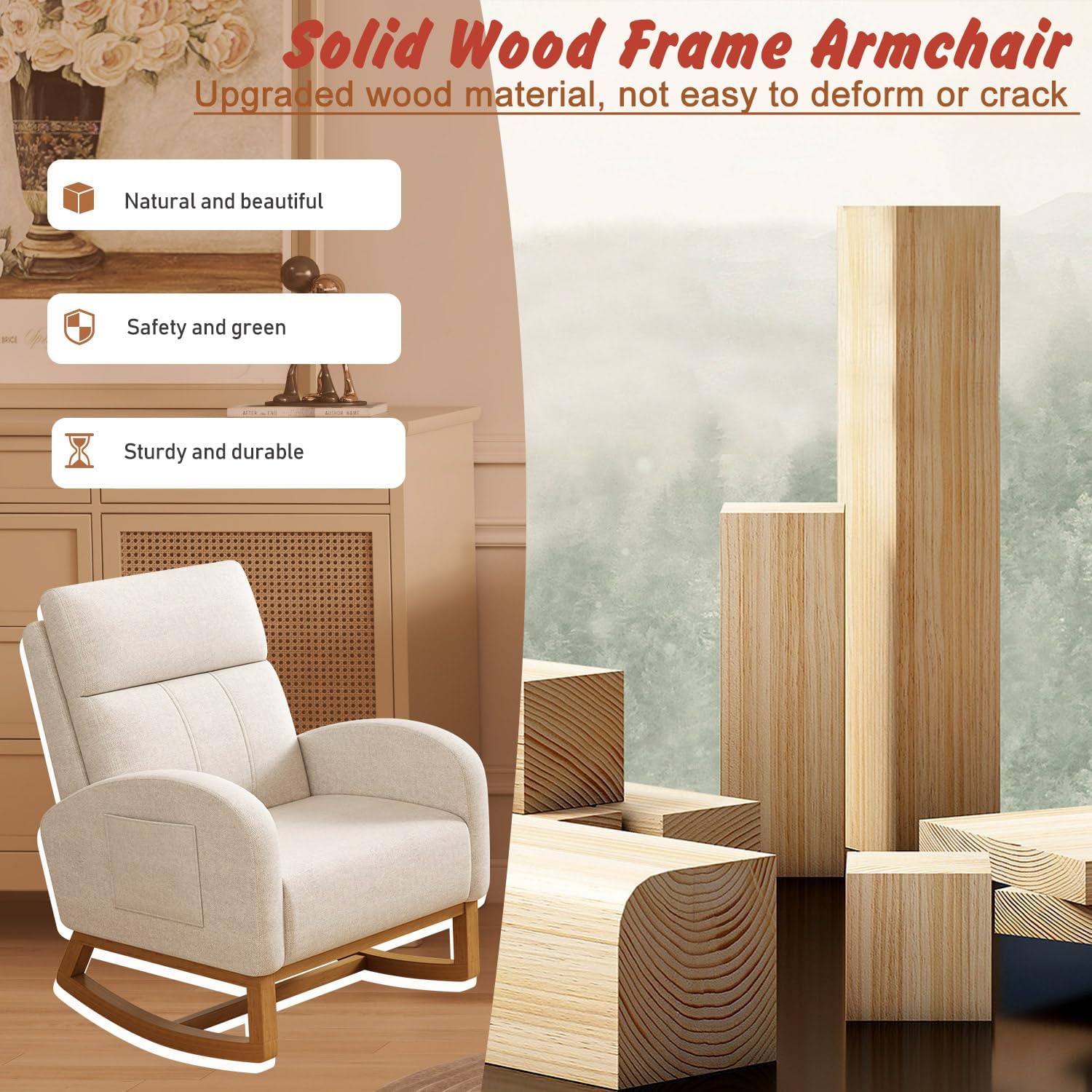 Gaussen Glider Rocking Chair Nursery Comfy Accent Chair with High Backrest Upholstered Living Room Chairs with Side Pocket Armchair Reading Chair for Bedroom Nursery Office, Cream