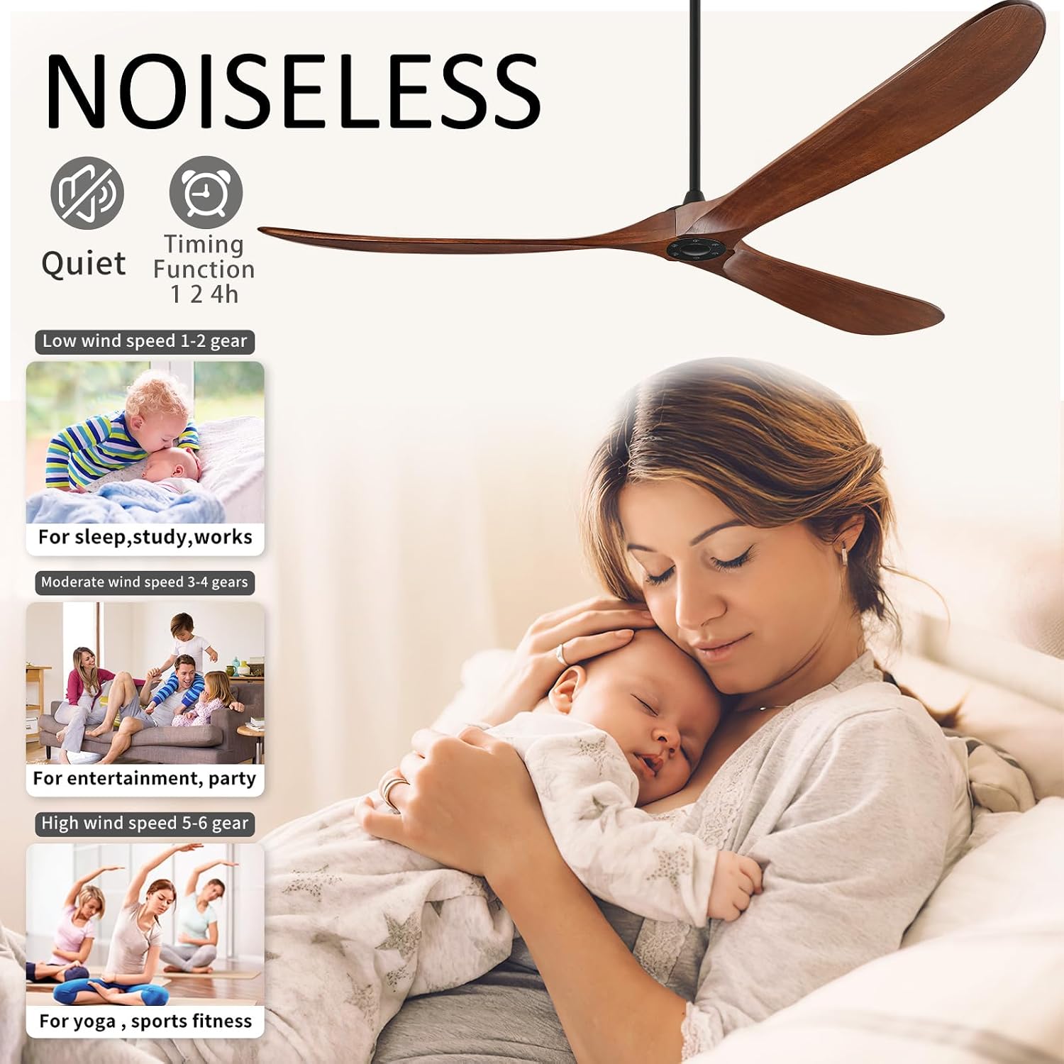 Ceiling Fans No Light, 84 Inch Extra Large Ceiling Fan with Remote, 3 Wood Blades DC Motor, High CFM,Propeller Outdoor Ceiling Fan for Patios Bedroom,Deep Walnut