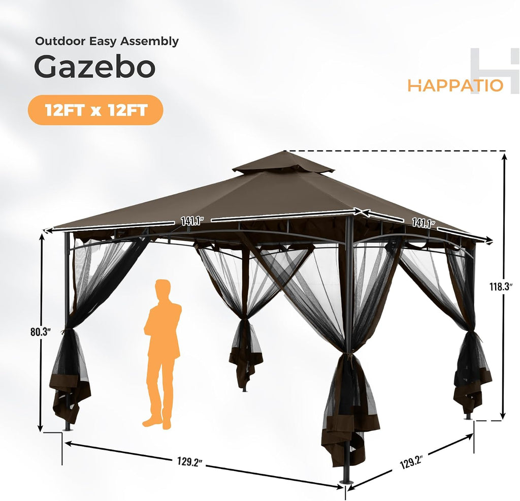 HAPPATIO Patio Gazebo 12' X 12', Ventilated Double Roof & Mosquito Netting, Outdoor Gazebo with Metal Frame, Soft Top Canopy for Backyard, Deck, Poolside, Brown