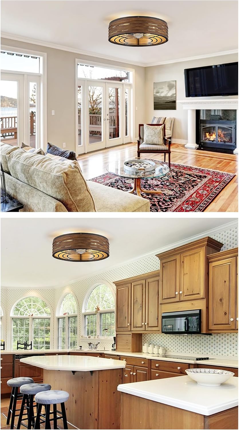 20'' Flush-Mount Ceiling Fan with Dimmable Light and Memory Remote Control, Reversible Motor, Perfect for Bedroom, Kitchen, Outdoor Gazebo, Patio, Low-Profile Woodern Walnut Design Cage