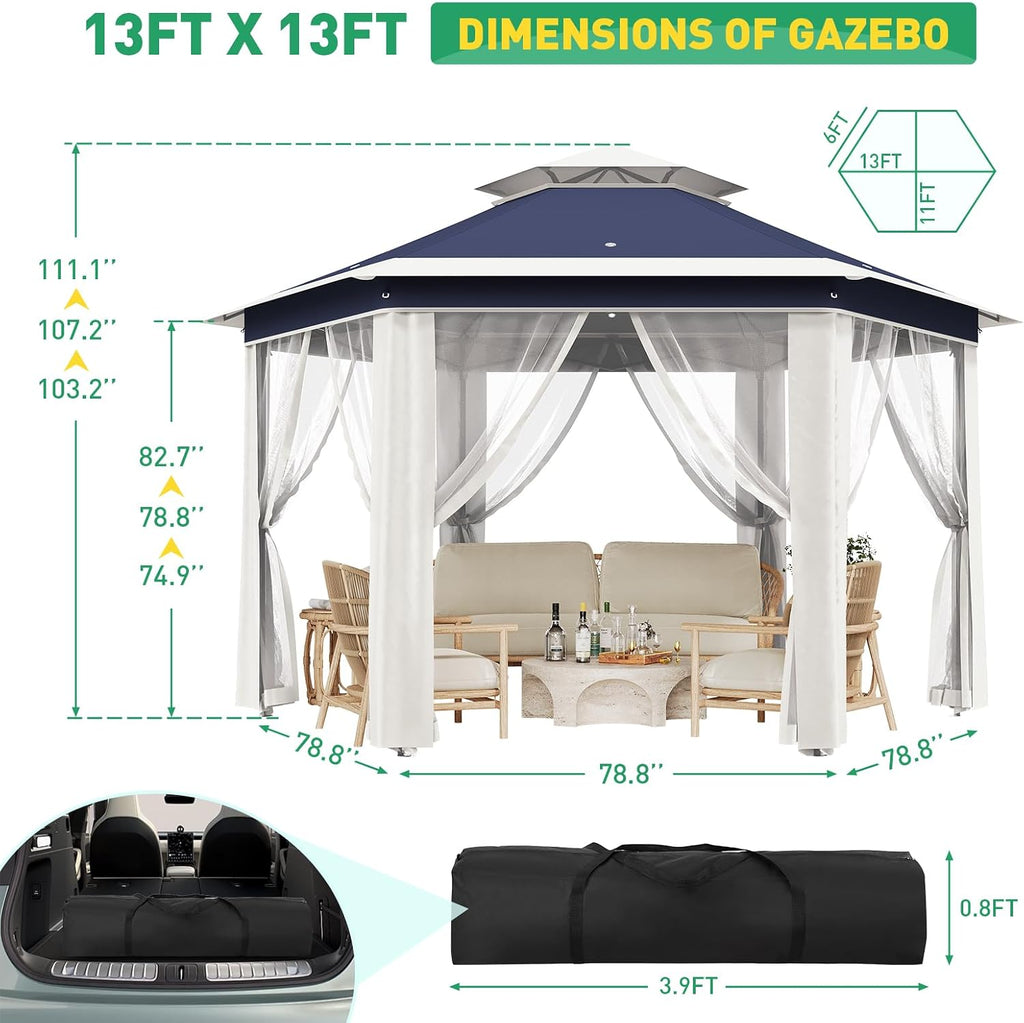 13'x13' Pop Up Gazebo with Mosquito Netting, Canopy Tent with Portable Carry Bag, Outdoor Gazebo for Backyard & Patio Furniture, Double-Layer Outdoor Pergola for Lawn, Garden, Blue
