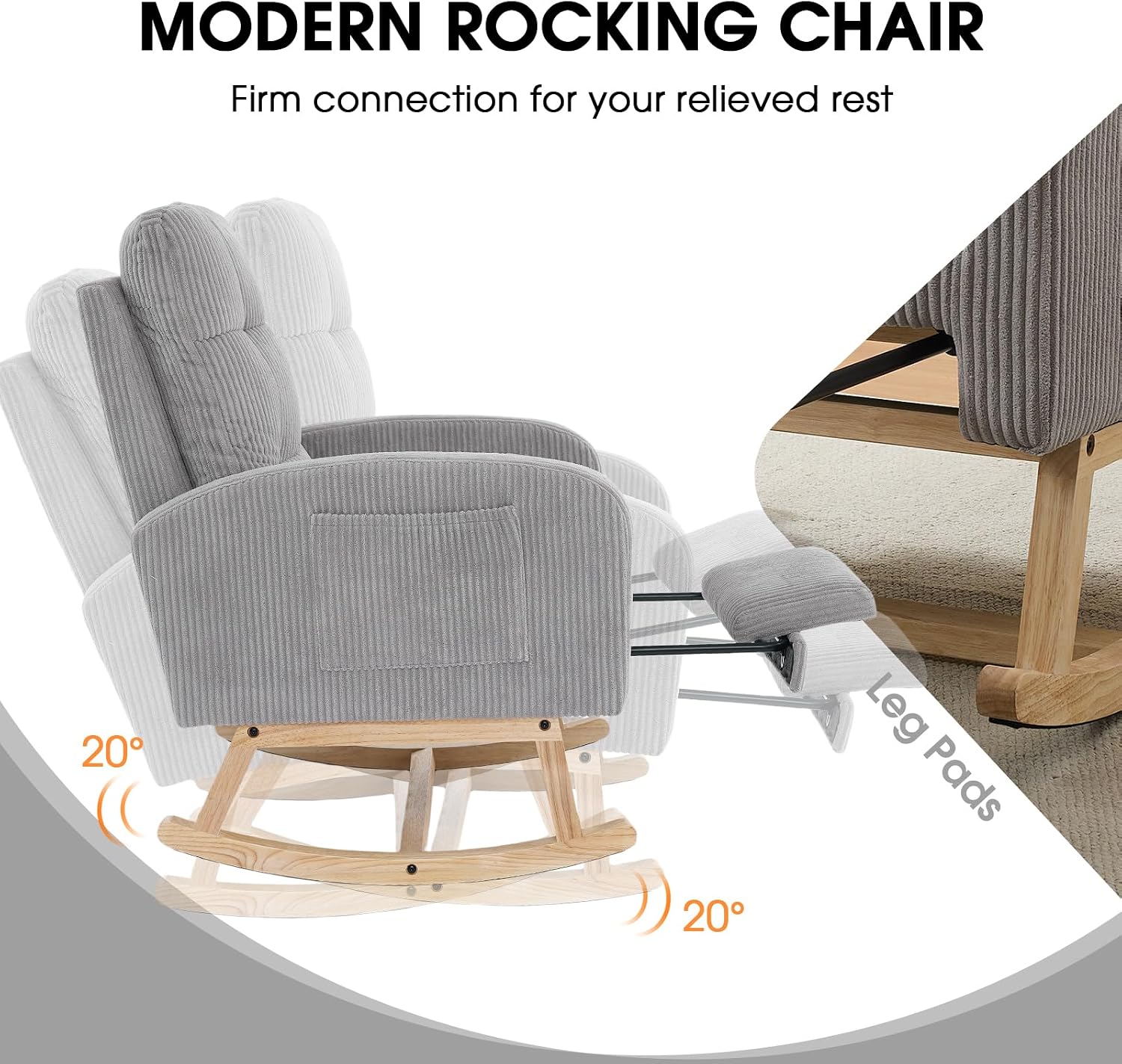 NIOIIKIT Nursery Rocking Chair, Corduroy Upholstered Rocking Chair with Adjustable Footrest, Tufted Rocker Chair with Side Pocket, Glider Rocker for Living Room, Bedroom (Gray Retro)