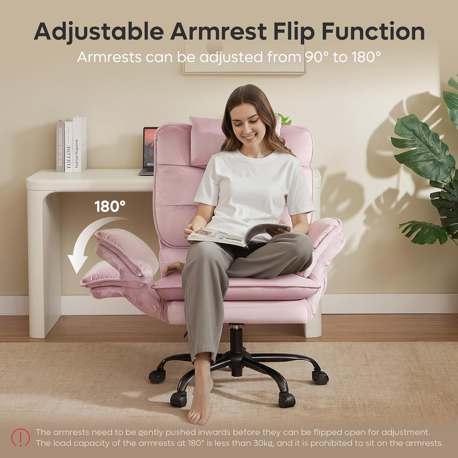 Bestier Criss Cross Chair with Flip-Up Armrests and Headrest, 135° Reclining Swivel Executive Chair with Side Pockets, Big and Tall Computer Desk Chair for Home Office Bedroom, Pink Velvet