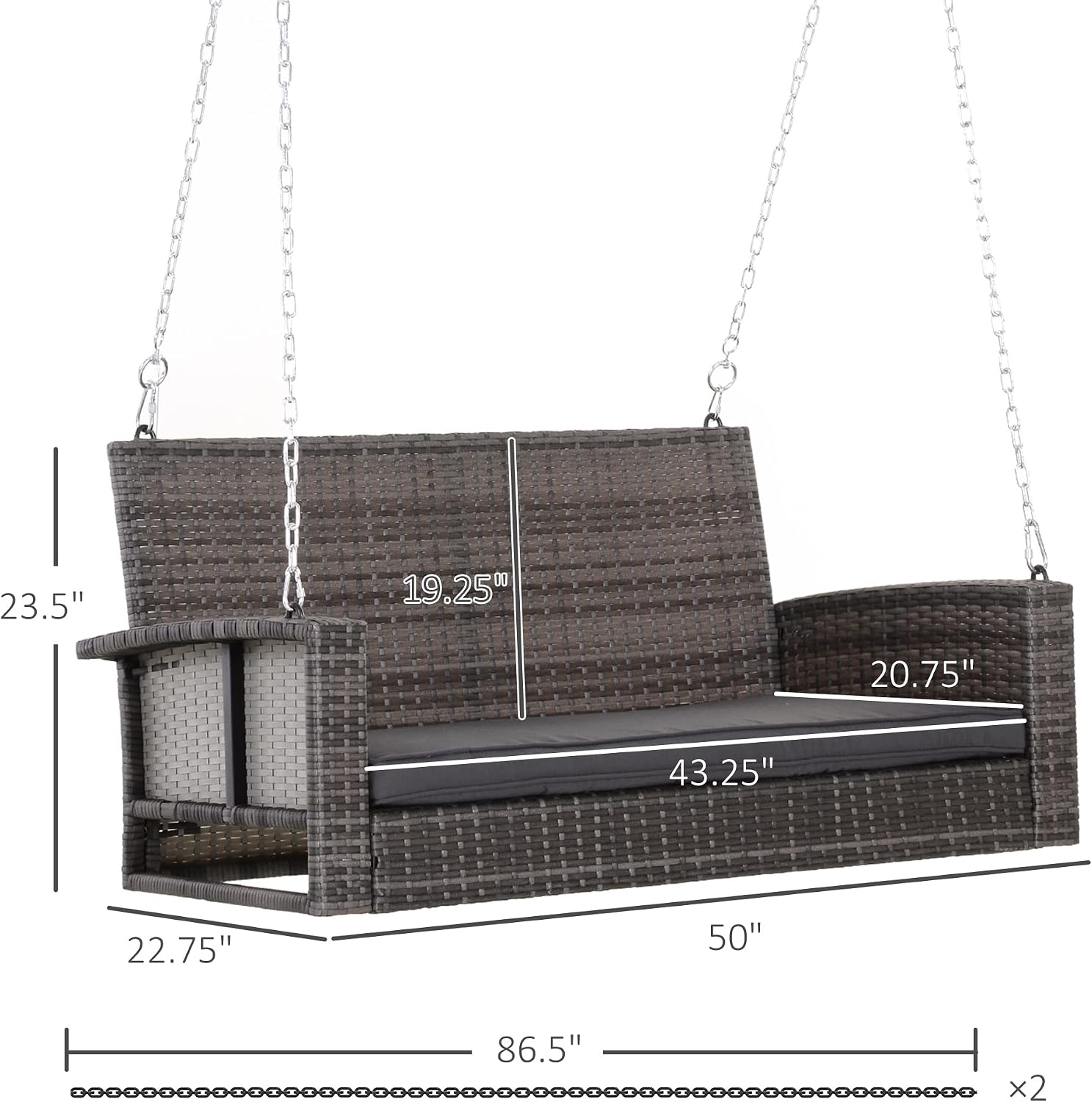 Outsunny 2 Person Wicker Hanging Swing Bench, Front Porch Swing Outdoor Chair with Cushions 550 lbs. Weight Capacity for Backyard, Garden, Grey