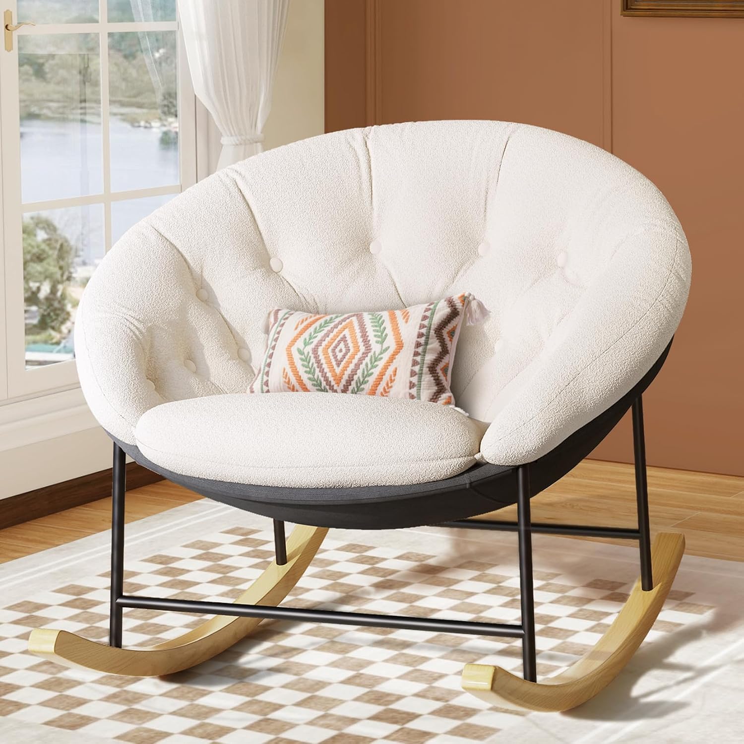 Kidirect Wide Rocking Chair Nursery, Comfy Saucer Nursery Rocking Chairs with Removable Cushion, Indoor Papasan Nursing Chair for Breastfeeding, Mecedora Para Adultos for Living Room & Bedroom (Cream)
