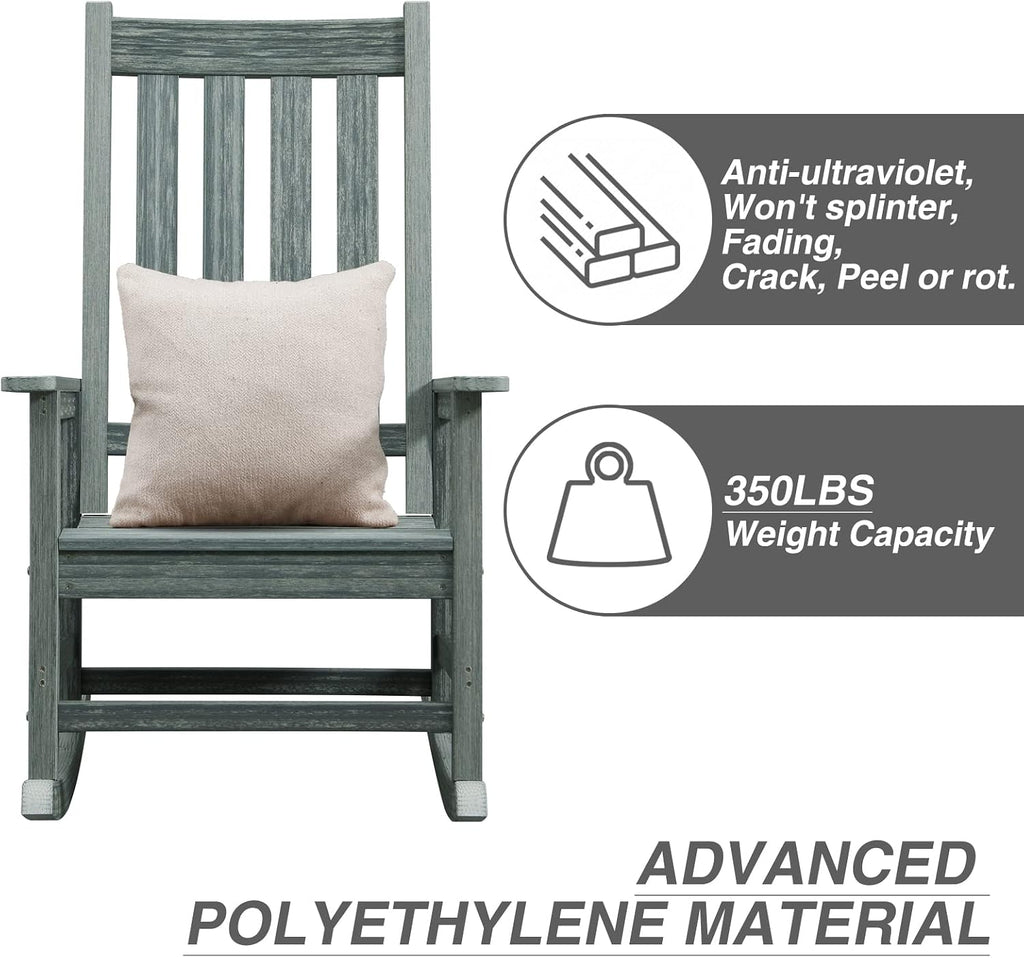 Outdoor Rocking Chair Set of 2, HDPE Oversized Patio Rocking Chairs, Weather Resistant, 350lbs Heavy Duty Porch Rocker with High Back for Backyard, Fire Pit, Garden and Indoor (Grey)