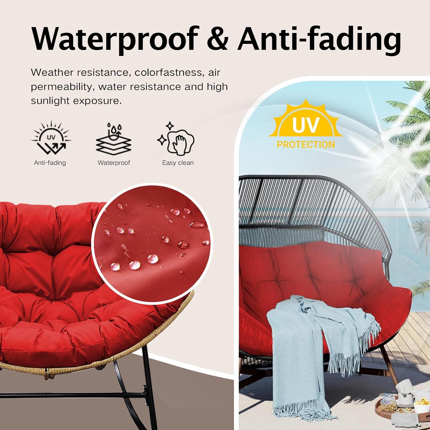 Thickened Waterproof Papasan Rocking Chair Cushion – 6.3'' Patio Egg Chair Pad with Ties, Outdoor/Indoor Rattan Hammock Chair Cushion for Porch, Garden, Balcony (Only Cushion) (Red)