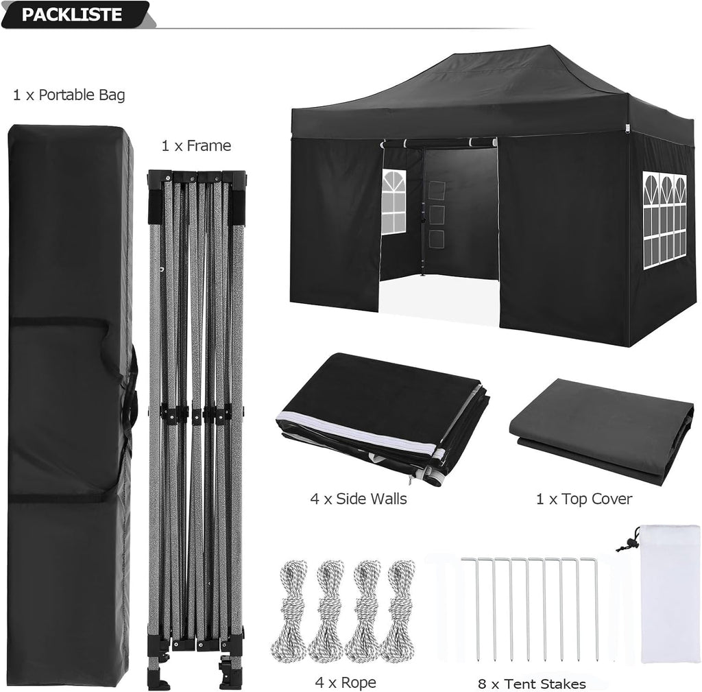 COBIZI 10x15 Pop up Canopy Tent 10x15 Canopy with 4 Sidewalls Waterproof Heavy Duty Commercial for Parties Outdoor Garden Gazebo Tent, Carry Bag(10x15ft, Black)