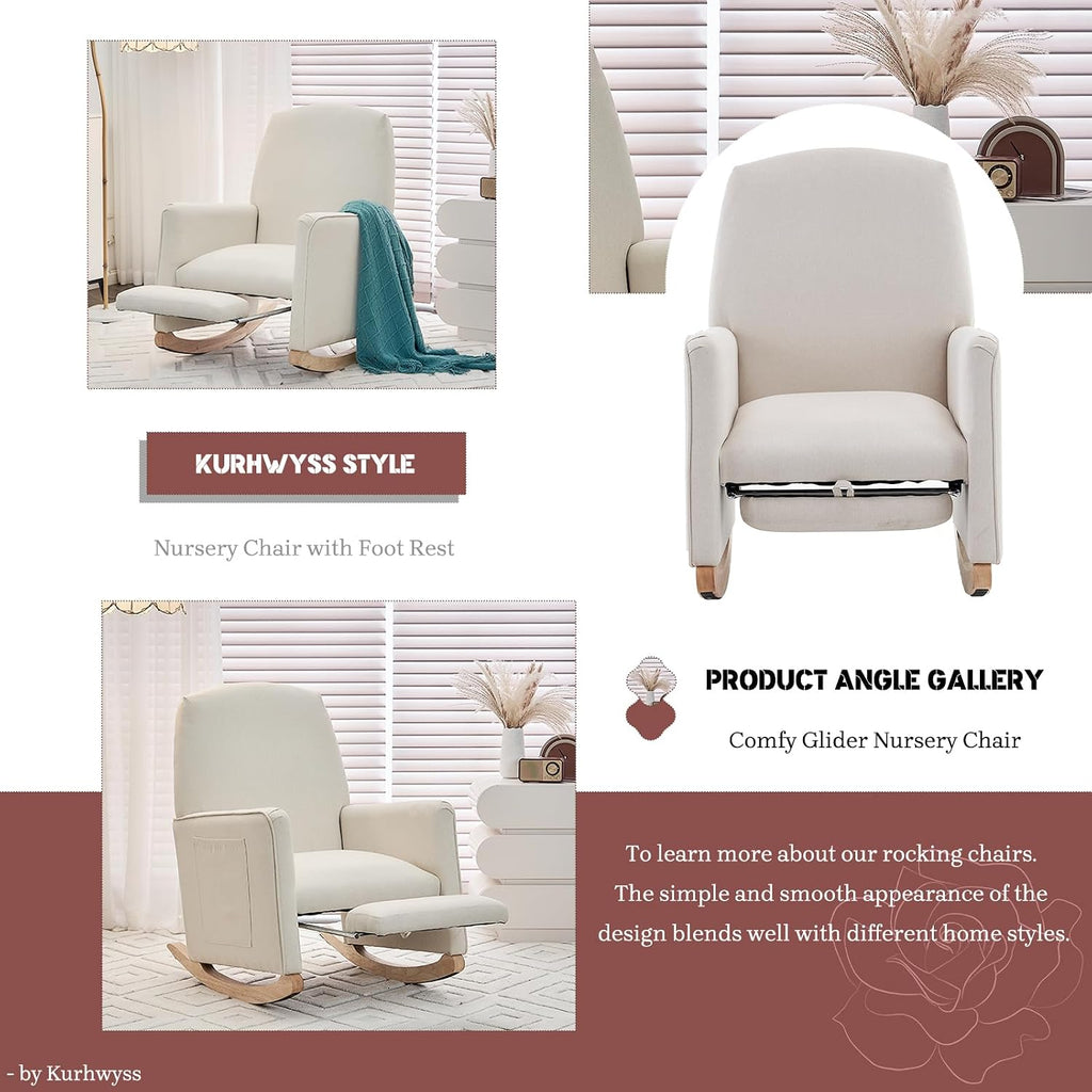 Modern Rocking Chair Nursery, Comfy Glider Nursery Chair with Foot Rest, Upholstered Rocker with Pocket, Accent Reading Armchair with Solid Wood Base for Living Room, Bedroom, Lounge Room (Beige)