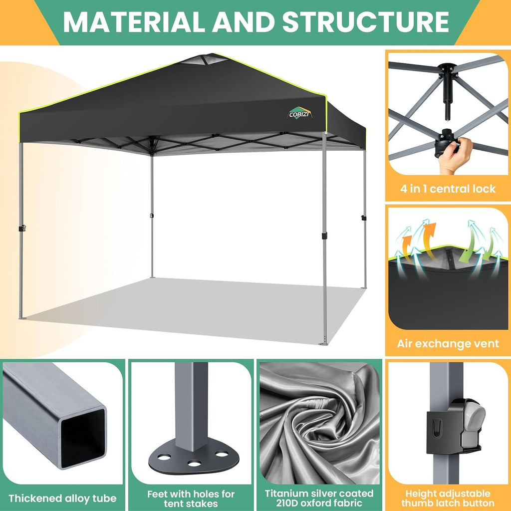 COBIZI 10x10 Pop Up Canopy Tent, Outdoor Party Tent with 4 Sidewall One Push Setup Glow, 3 Adjustable Height Air Vent Waterproof UPF50+, Bag, 4 Sandbag, 8 Stake, 4 Rope for Beach, Commercial