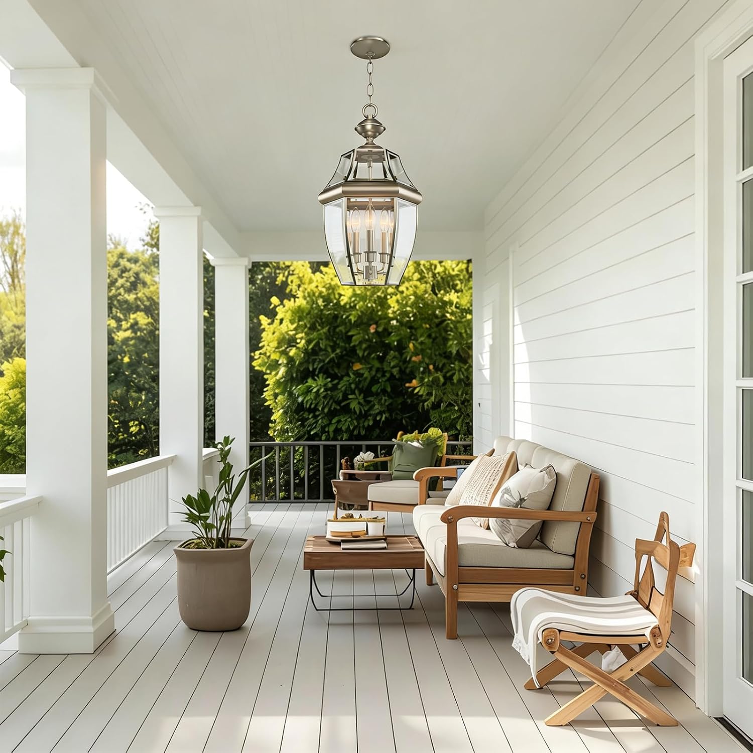 Large Outdoor Pendant Light Fixture 3-Light, 20in Modern Silver Outdoor Chandelier Hanging Porch Light, Metal Exterior Ceiling Mount Hanging Lantern with Clear Glass for Front Door, Entrance, Gazebo
