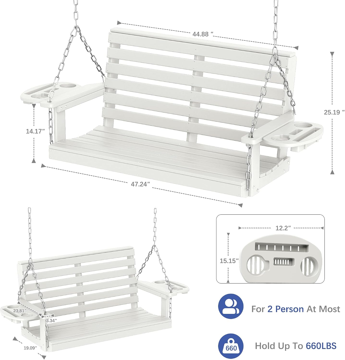 FOOWIN Porch Swing, 4 FT Patio Swing with Cup Holders, Adjustable Hanging Chains, HDPE Outdoor Swing for Patio, Porch, Garden, Yard, Heavy Duty 660 LBS Weight Capacity White