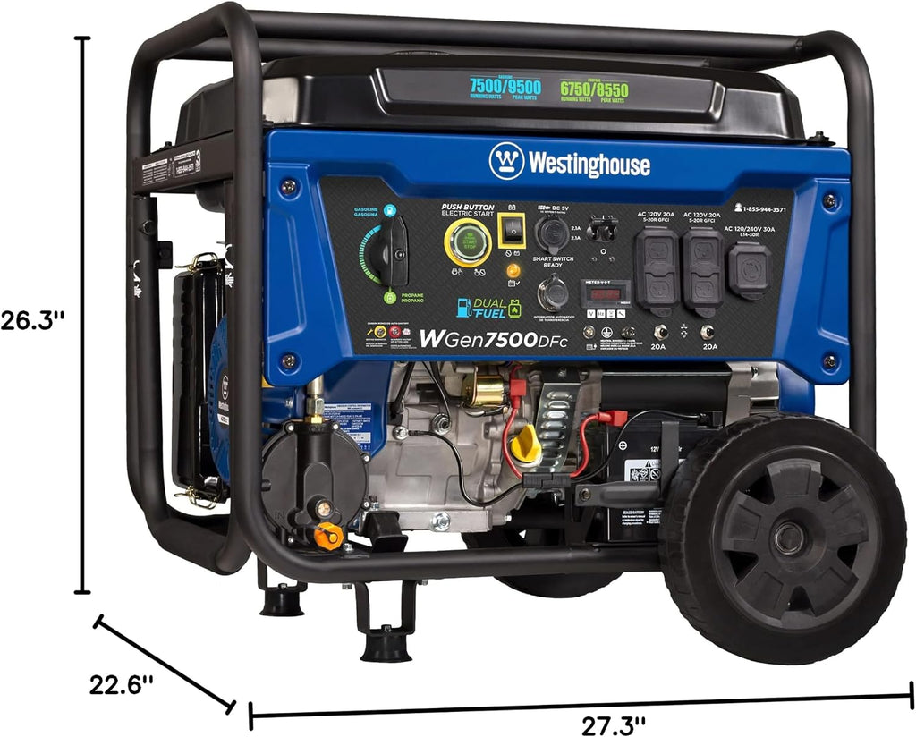 Westinghouse 9500 Peak Watt Dual Fuel Home Backup Portable Generator, Electric Start, Transfer Switch Ready, Gas & Propane Powered, CO Sensor