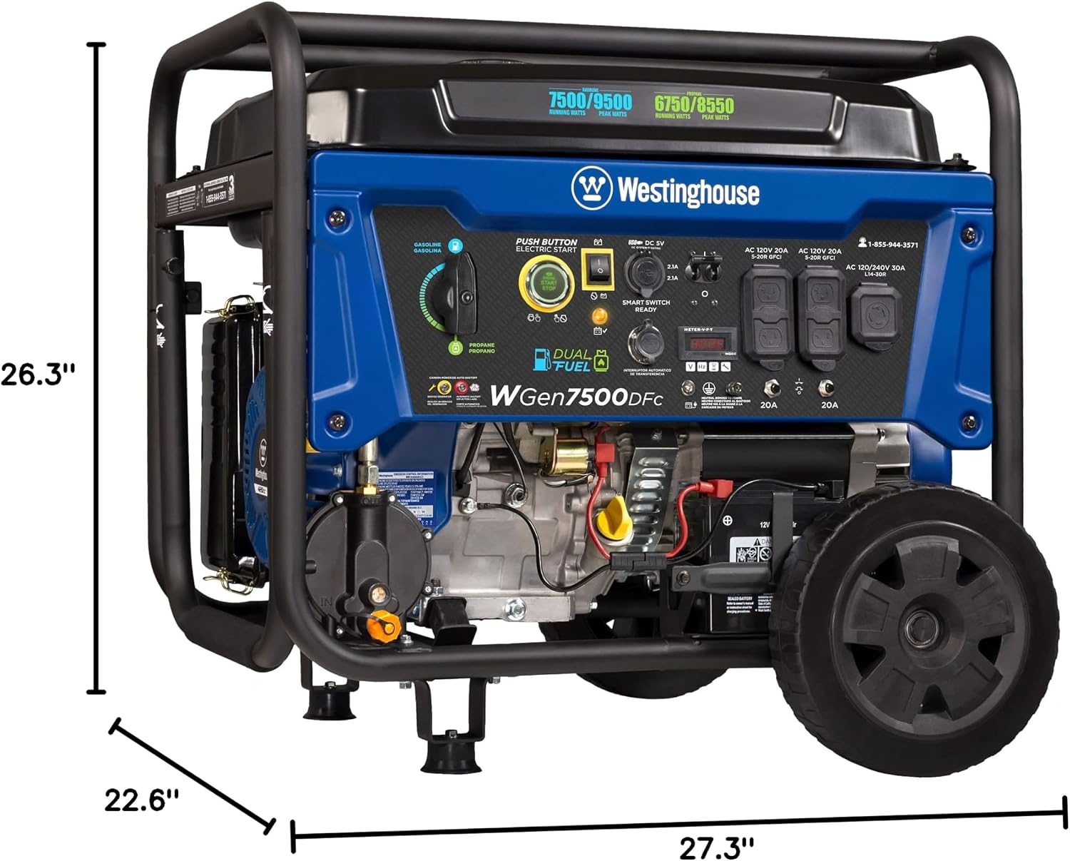Westinghouse 9500 Peak Watt Dual Fuel Home Backup Portable Generator, Electric Start, Transfer Switch Ready, Gas & Propane Powered, CO Sensor