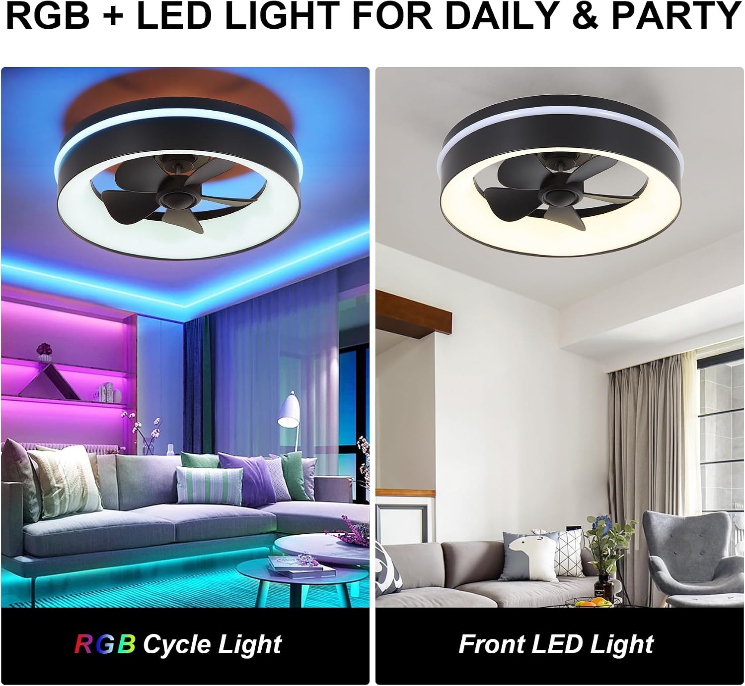 Smart Low Profle Ceiling Fans with RGB Lights Remote/APP Control, 18' Bladeless Ceiling Fans with 6 Speeds, Timer, Quiet DC Motor,for Gazabo,Game Room,Kids Bedroom,Living Room,Home Office