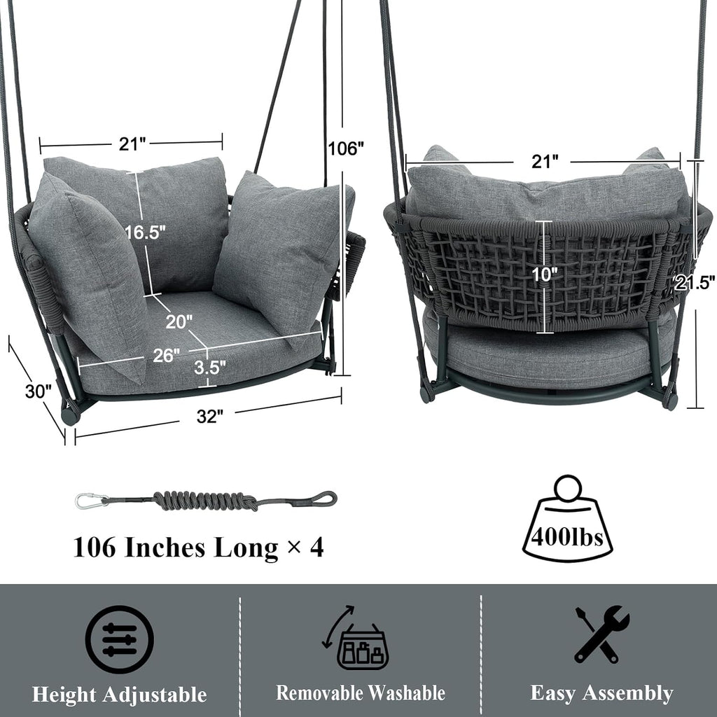 Single Porch Swings Chair with Cushions, Hanging Rope Swing, Hanging Chair for Bedroom, Hammock Chairs Swing Indoor & Outdoor, Macrame Hanging Swinging, Patio, Balcony, Light Grey