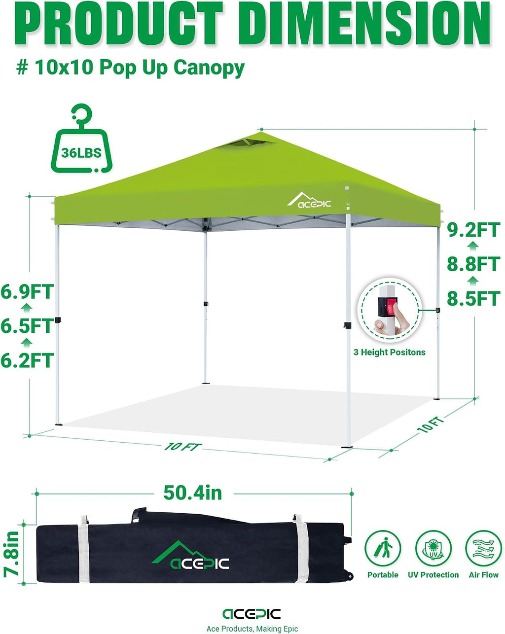 Acepic 10x10 Pop Up Canopy Tent,300D Silver-Coating Top,Pop Up Canopy Tent Instant Portable Shelter with 1-Button Push and Wheel Carry Bag, 8 Stakes and 4 Canopy Weights (Radiant Green, 10x10)