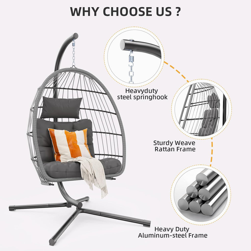 Hipicute Egg Chair with Stand,Patio Rattan Wicker Hanging Swing Egg Chair Hammock Chair for Bedroom Porch Garden,Thickened Aluminum Alloy Steel Frame and UV Resistant Cushion,350LBS Capacity
