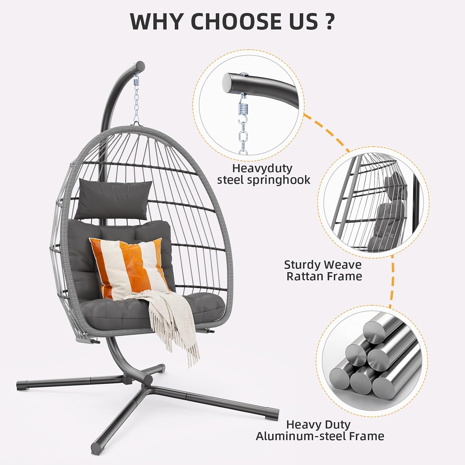 Hipicute Egg Chair with Stand,Patio Rattan Wicker Hanging Swing Egg Chair Hammock Chair for Bedroom Porch Garden,Thickened Aluminum Alloy Steel Frame and UV Resistant Cushion,350LBS Capacity